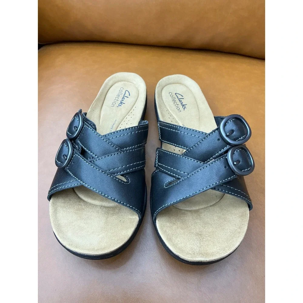 Clarks Laurieann Opal Sandals Womens 8 Black New Leather Slide Buckle